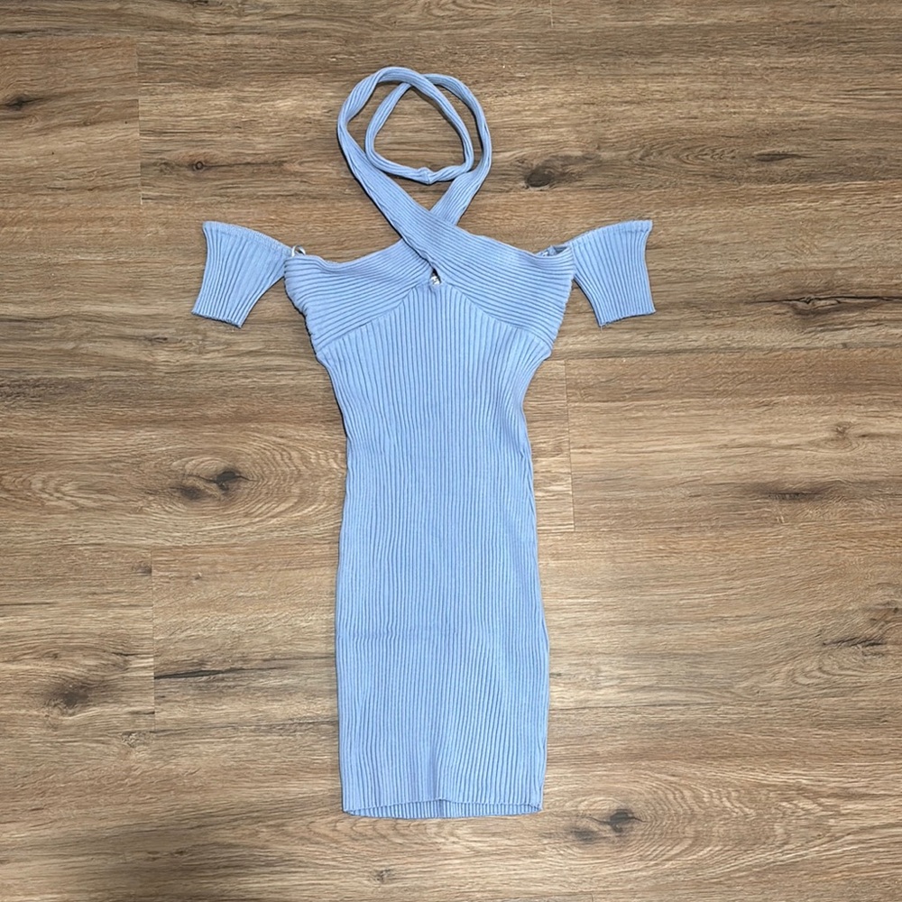 Zara Light Blue Ribbed Off-Shoulder Mini Dress